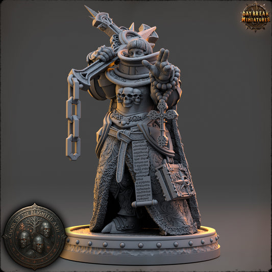 Neriah Ashbourne Human Cleric miniature with layered armor, chains, skull motifs, sacred texts, and ornate equipment.