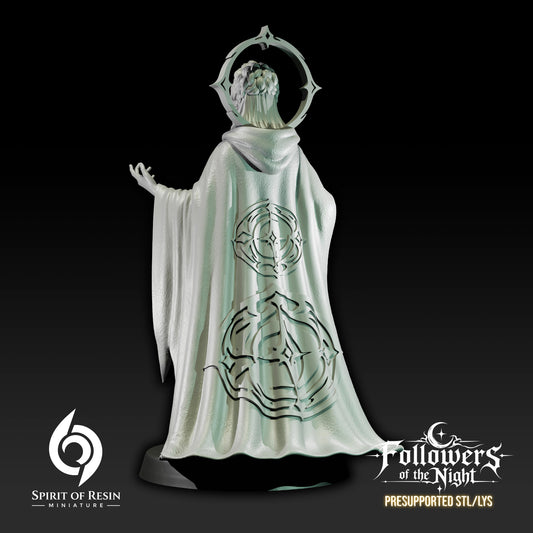 Back view of Night Priestess Medium Humanoid miniature showing her circular halo and ornate ceremonial robes.