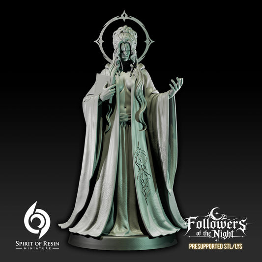 Back view of Night Priestess Medium Humanoid miniature showing her circular halo and ornate ceremonial robes.