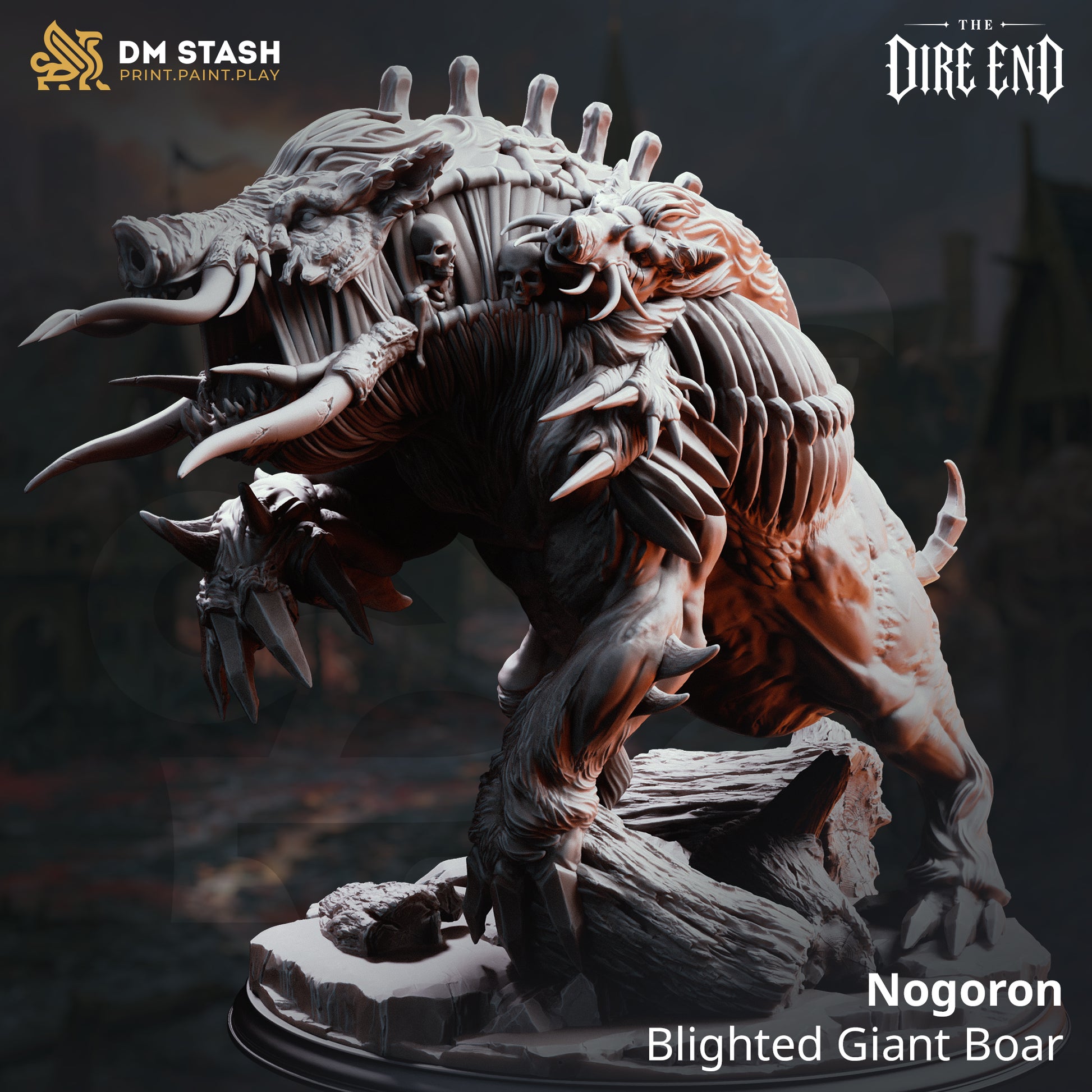 A 3D-rendered dark fantasy monster resin miniature titled "Nogoron - Blighted Giant Boar" by DM Stash. The massive, multi-headed mutated boar lunges forward over a fallen hollow log base, displaying oversized curved tusks and bone ridges along its spine.