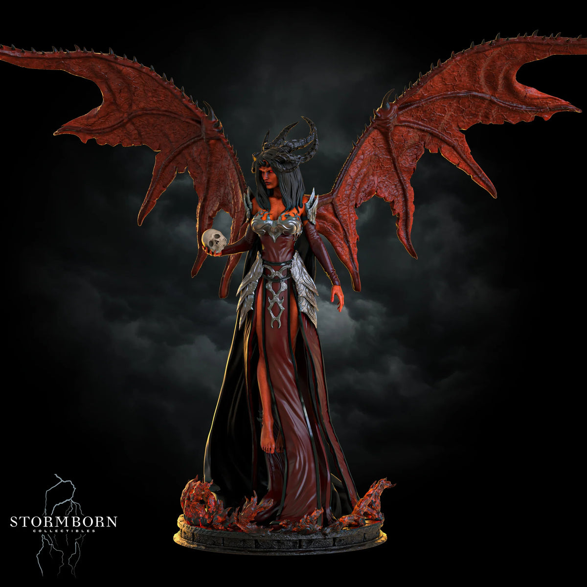 Direct front view of the winged Nyxara demon miniature floating over hellfire flames by Stormborn Collectibles.