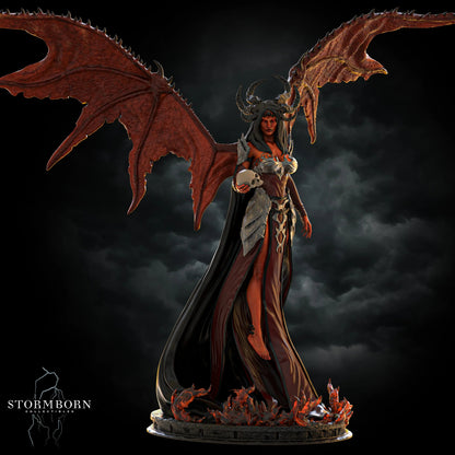 Hero perspective of Nyxara Demon of the Night resin miniature with wide wings and skull trophy by Stormborn Collectibles.