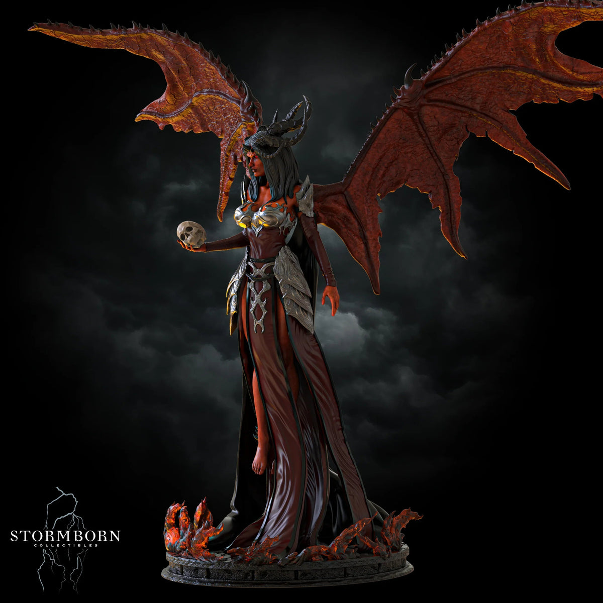 Left three-quarter profile showing Nyxara holding a human skull on a flame oval base by Stormborn Collectibles.