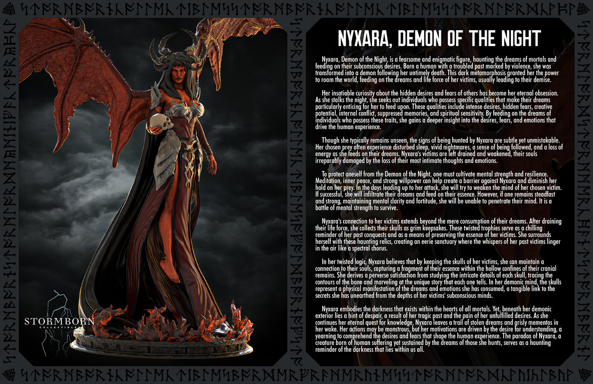 Lore and backstory graphics card for Nyxara Demon of the Night by Stormborn Collectibles.