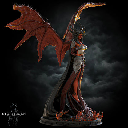 Right side view displaying the long flowing black cape and wing texture of Nyxara by Stormborn Collectibles.