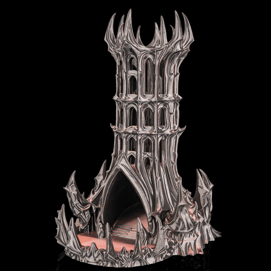 3D printed gothic dark fantasy dice tower with multi-tiered spire, arched windows, jagged stone-like exterior, and open archway entrance with red interior dice tray, displayed on black background