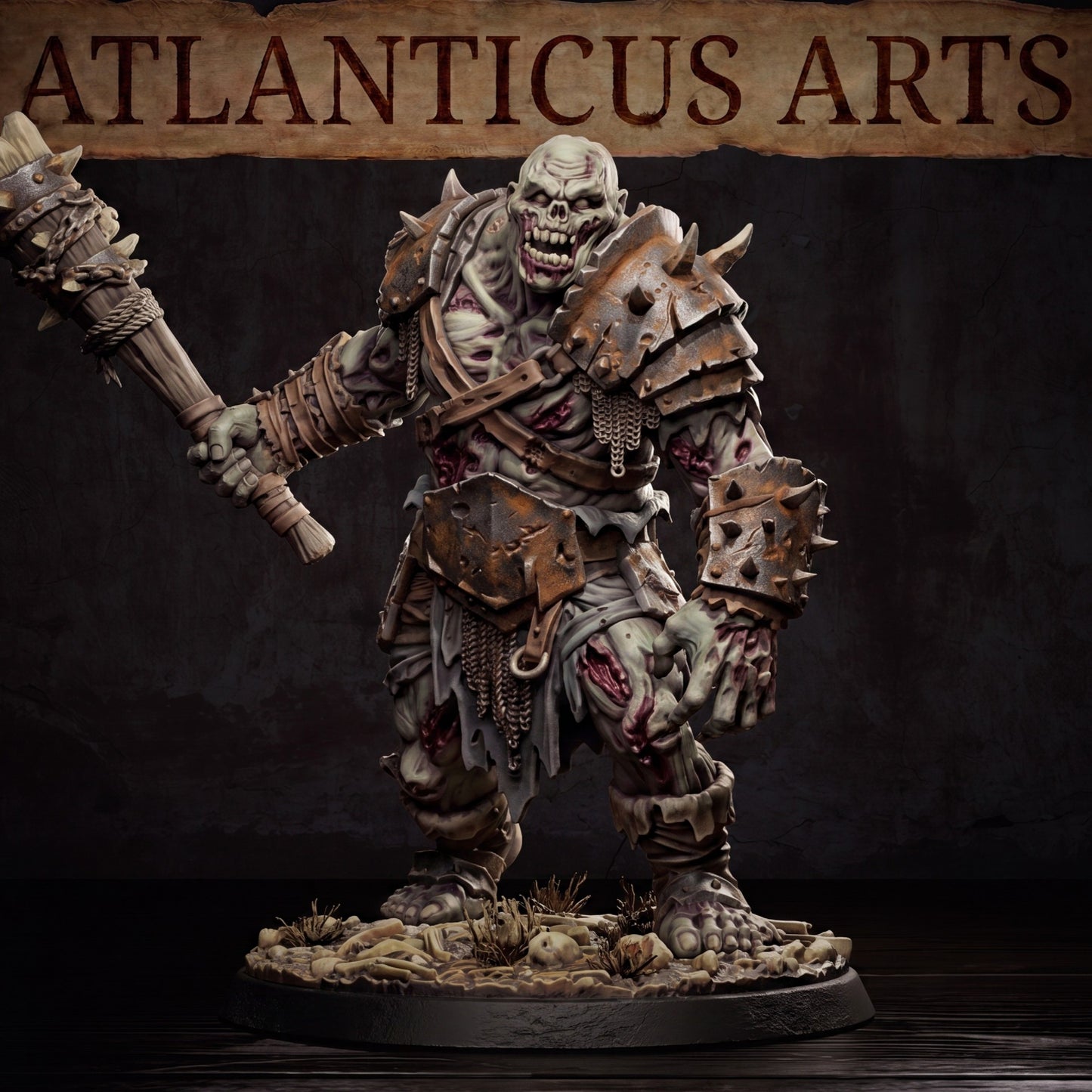 Close up view of the zombie ogre model showcasing the exposed chest cavity, spiked bracer, and rusted iron loincloth armor.
