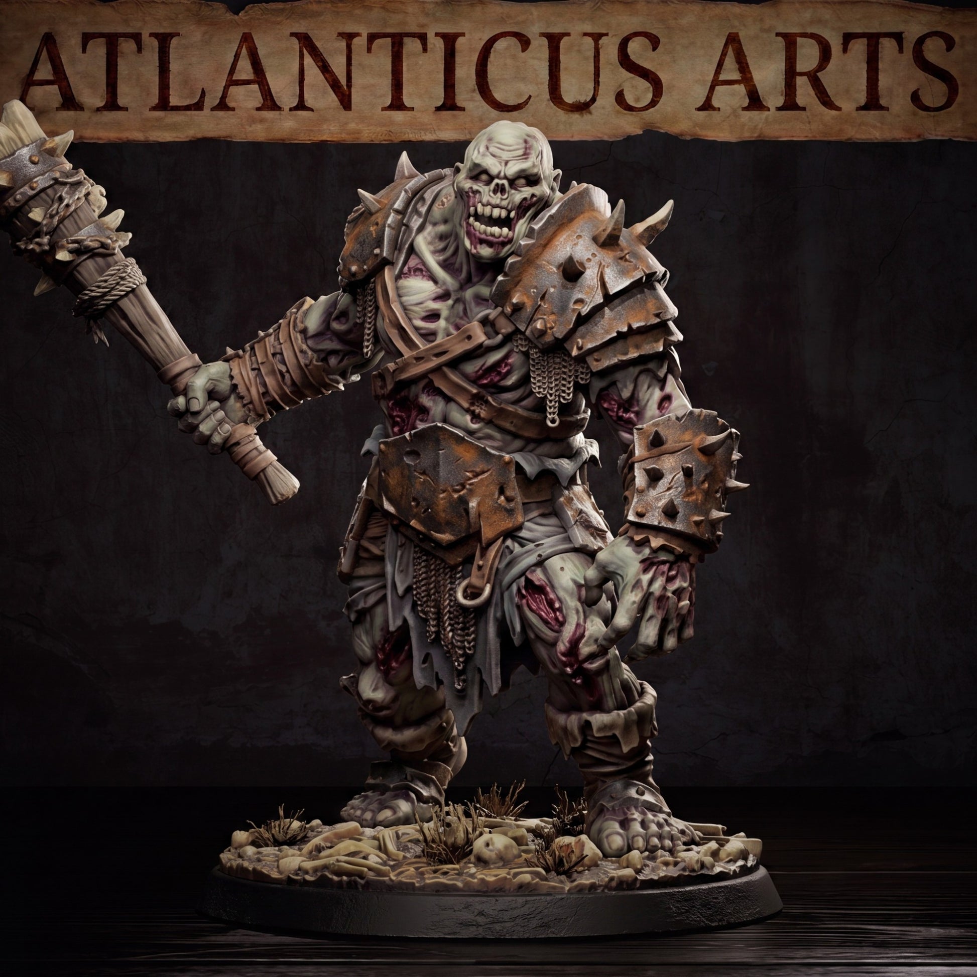 Close up view of the zombie ogre model showcasing the exposed chest cavity, spiked bracer, and rusted iron loincloth armor.