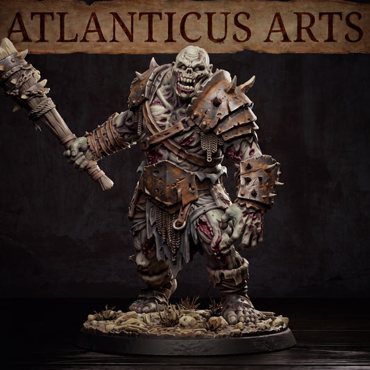 Close up view of the zombie ogre model showcasing the exposed chest cavity, spiked bracer, and rusted iron loincloth armor.