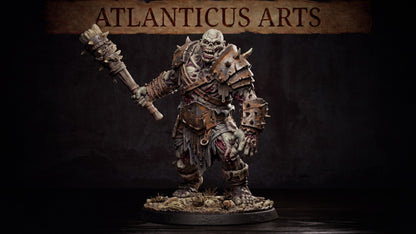 Wide render of the unpainted Ogre Zombie miniature standing on a dirt and skull-strewn base holding a giant spiked club.