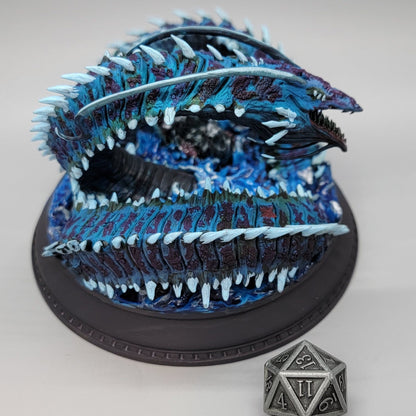 Painted Old Mawgrin Ancient Leviathan sea serpent miniature on 102mm base for TTRPG boss encounters