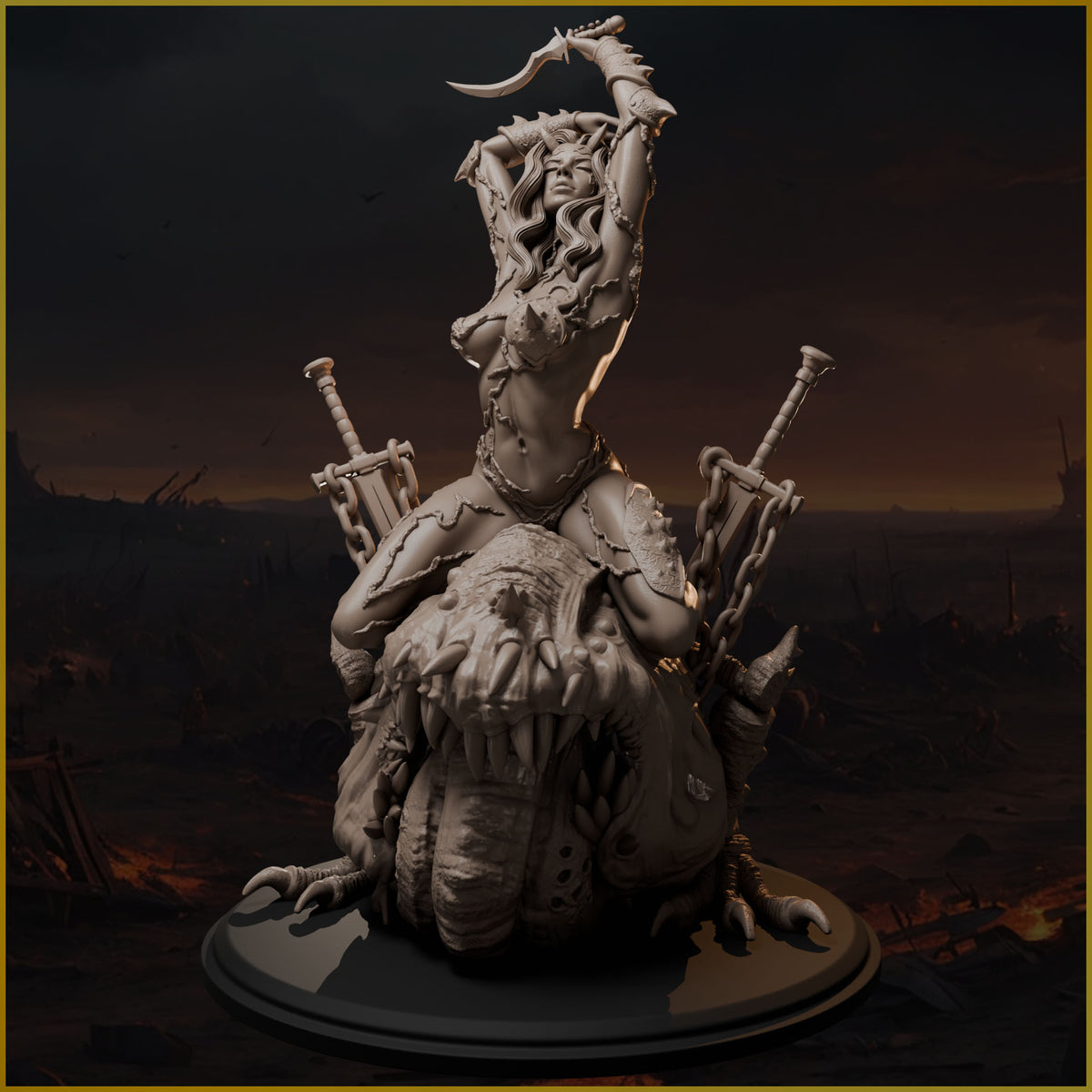 Front view render of Ophiriel fantasy display model sitting on a tooth-laden monster mount.