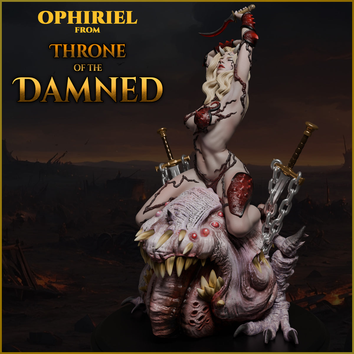 Painted digital render preview of Ophiriel mounted on a chained abyssal beast holding a ritual dagger.