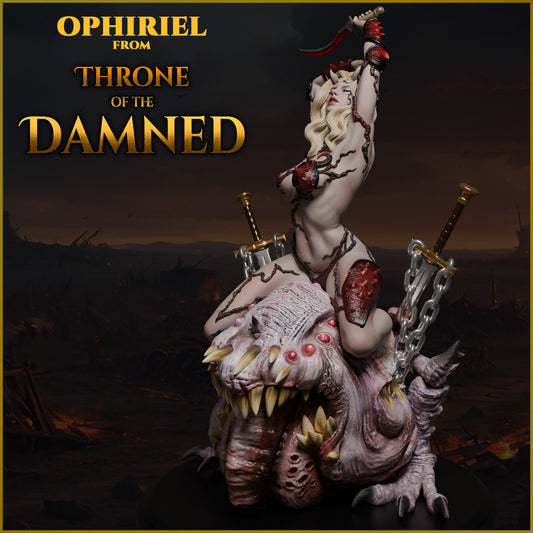 Painted digital render preview of Ophiriel mounted on a chained abyssal beast holding a ritual dagger.