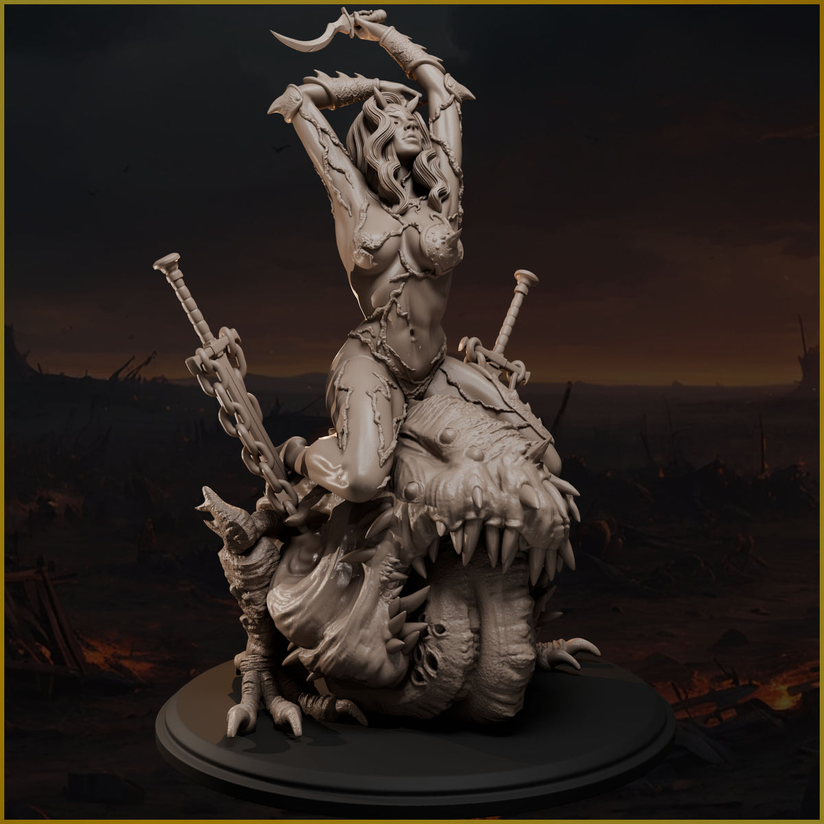 Three-quarter side render of Ophiriel showing broadswords chained to the monster mount.