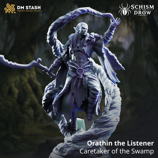 Orathin the Listener Drow druid miniature suspended within a tree-like growth while holding a curved sword over a natural base