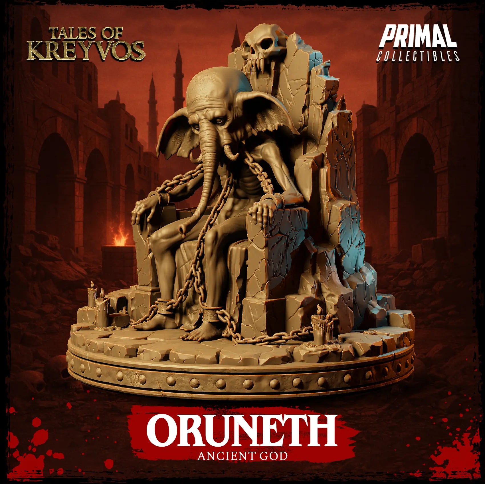 Three-quarter side angle view of Oruneth Elephant God showing the depth of the stone throne and tusk details.
