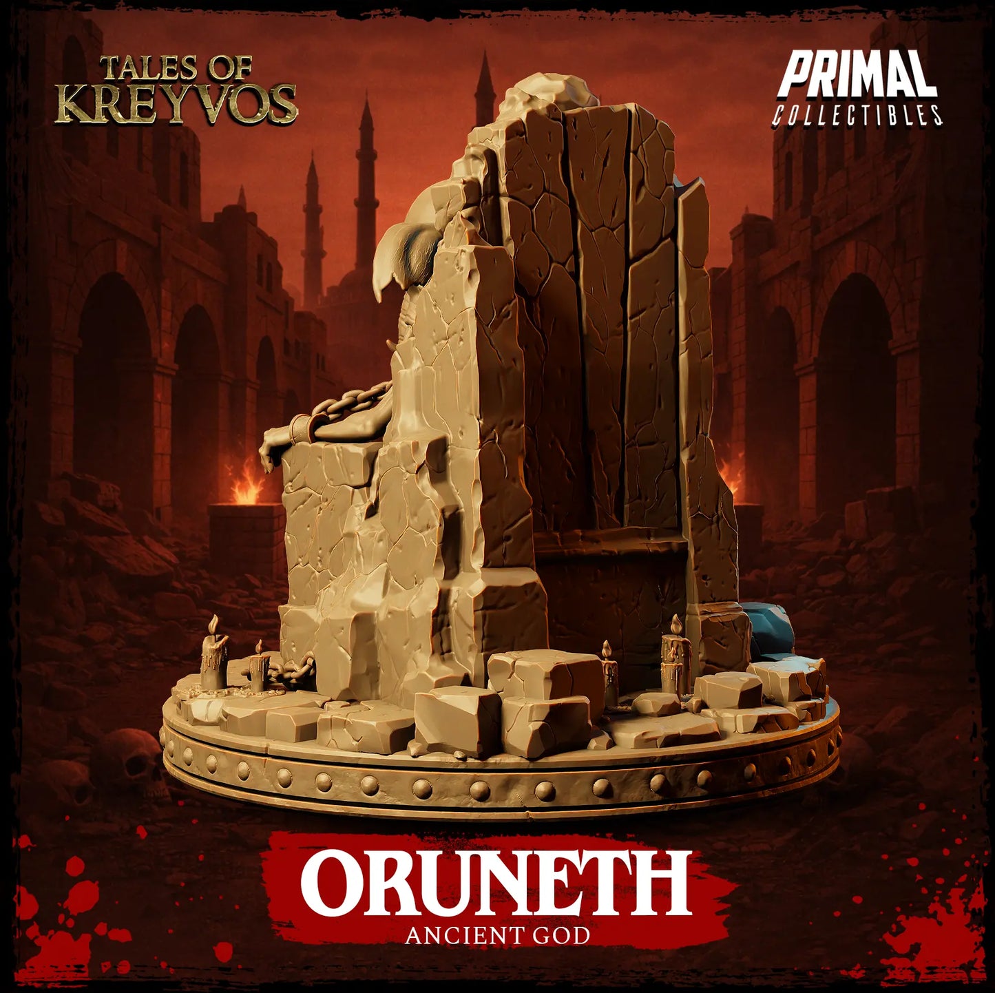 Rear view render of the Oruneth centerpiece model highlighting the back of the ancient ruined temple wall.