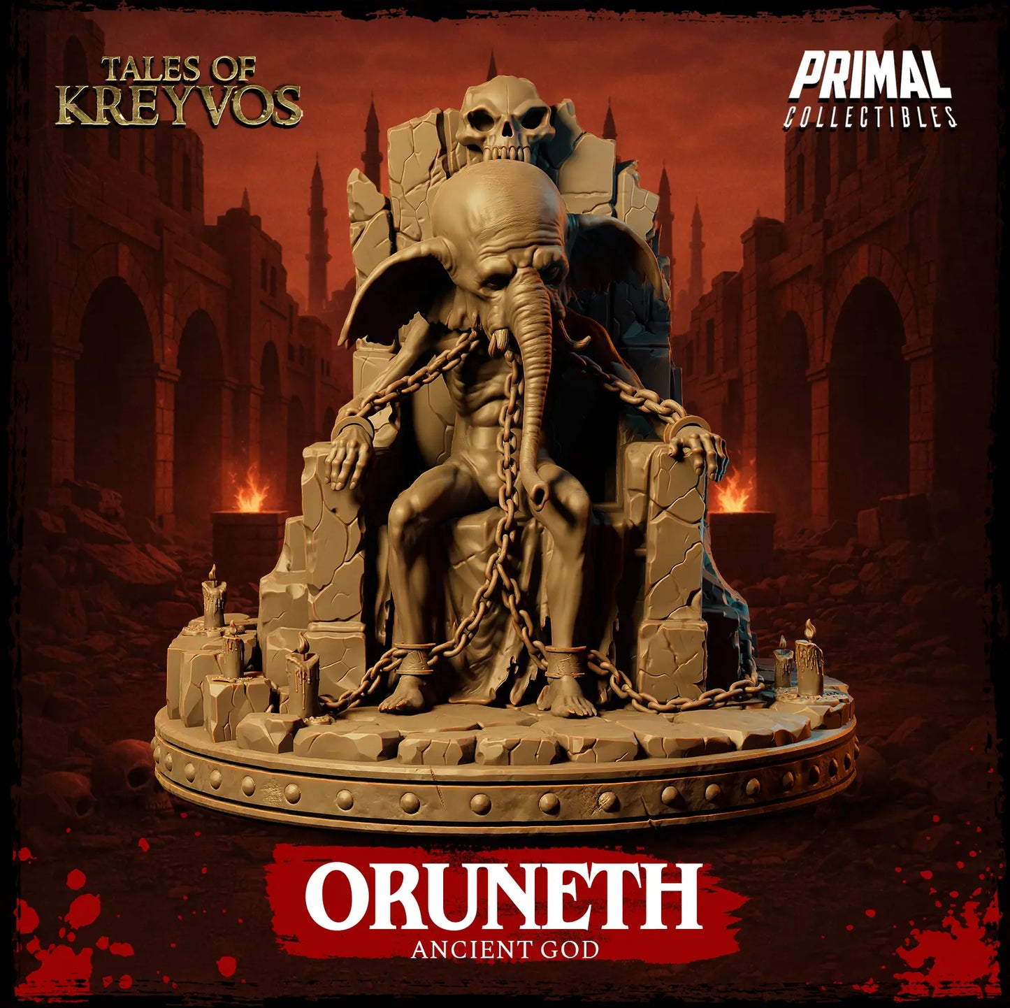 Full front view render of unpainted resin Oruneth Elephant God miniature seated on a massive ruined temple throne.