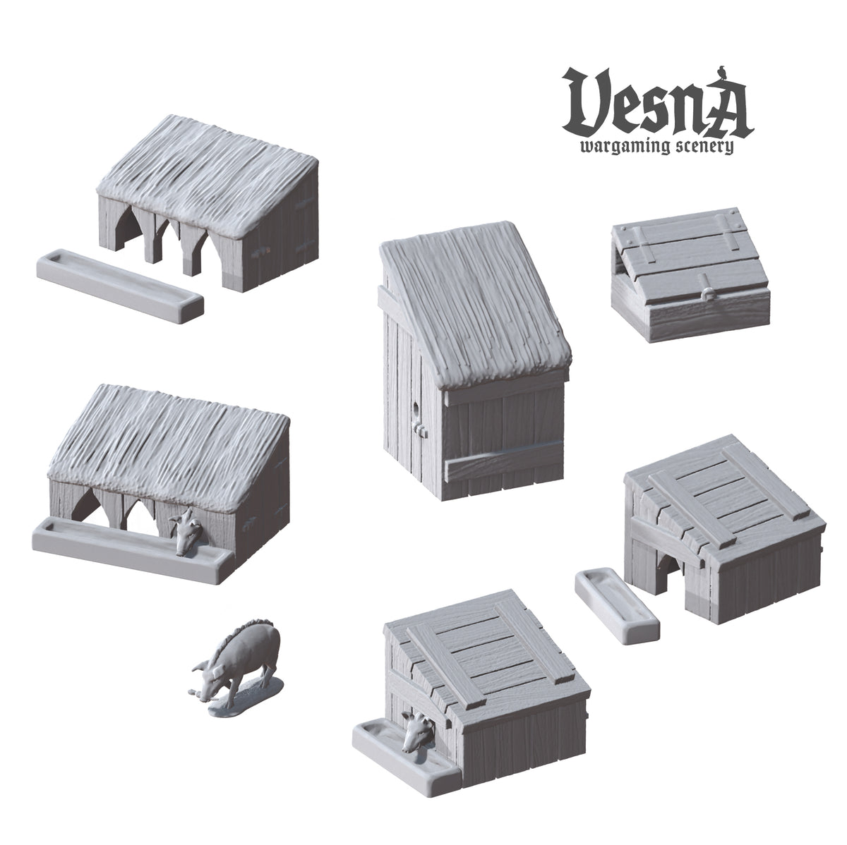 Overview render of the 9-piece Outbuildings scatter terrain set including pigsties, outhouse, troughs, and pig miniature by Vesna Sculpts.