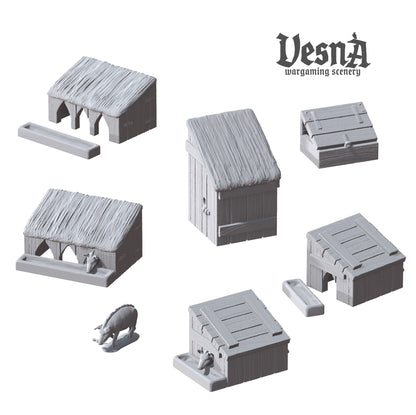 Overview render of the 9-piece Outbuildings scatter terrain set including pigsties, outhouse, troughs, and pig miniature by Vesna Sculpts.