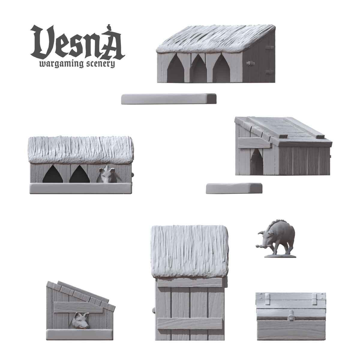 Component breakdown view showing all 9 pieces in the Outbuildings resin scatter terrain kit by Vesna Sculpts.