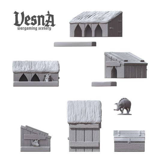Component breakdown view showing all 9 pieces in the Outbuildings resin scatter terrain kit by Vesna Sculpts.