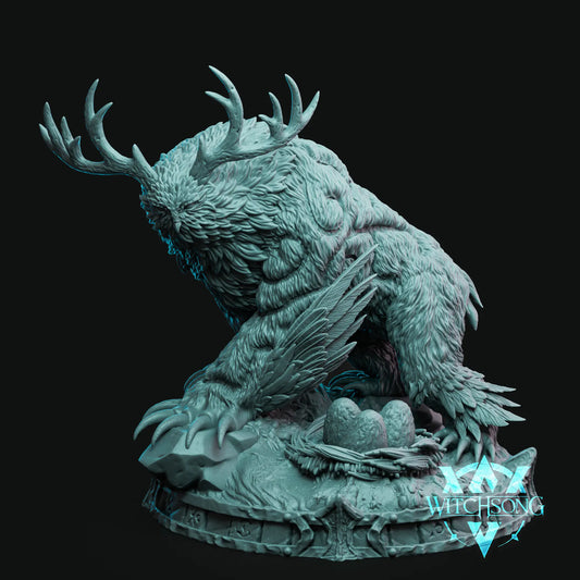 Owl Bear Elder Huge miniature with large antlers, feathered body, powerful claws, wings, and a scenic nest with eggs.