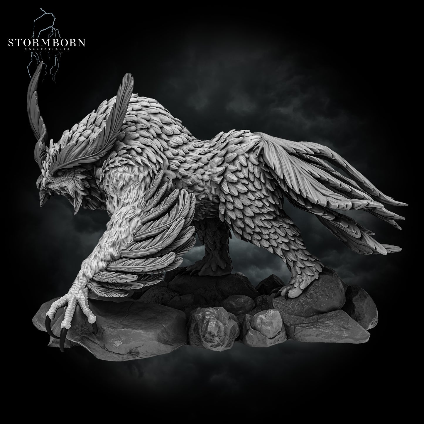 3D printed Titancrest Owlbear resin monstrosity with layered feathers and sharp talons posed on a rocky base