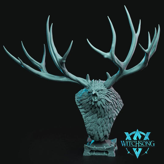 Owlbear Progenitor 100mm display bust showing its feathered head, large antlers, beak, and monstrous features.