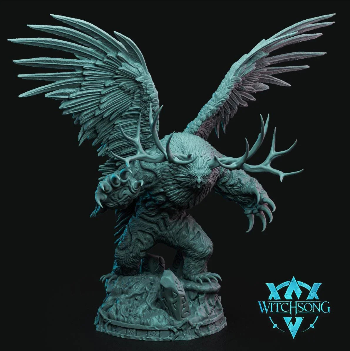 Owlbear Progenitor Huge Monstrosity miniature with massive feathered wings, branching antlers, claws, and scenic base.