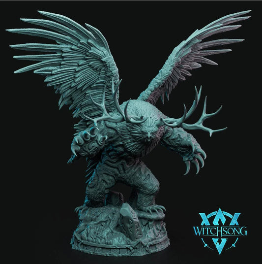 Owlbear Progenitor Huge Monstrosity miniature with massive feathered wings, branching antlers, claws, and scenic base.