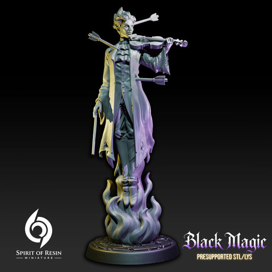 Phantom of the Opera spectral bard playing a violin while floating above ghostly flames with arrows passing through his body.