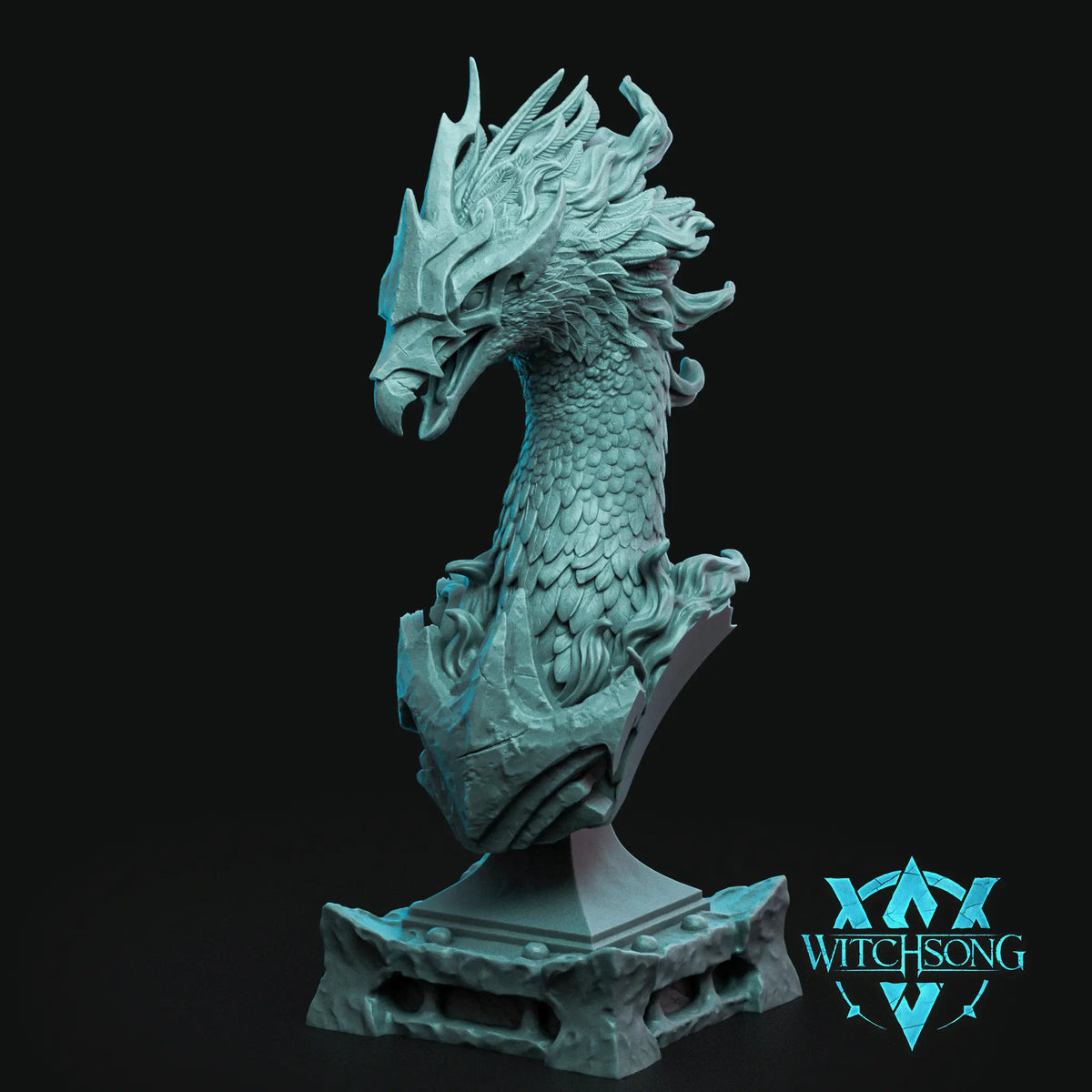 Unpainted resin 100mm display bust render of a Phoenix head and neck on a decorated pedestal base.