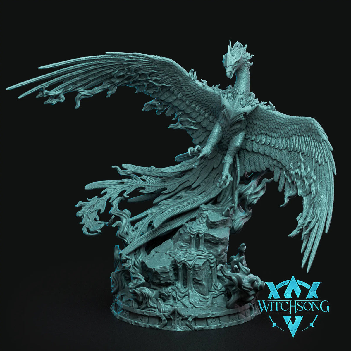 Unpainted resin miniature render of a Phoenix creature with widespread wings perched on a flaming scenic rock base.