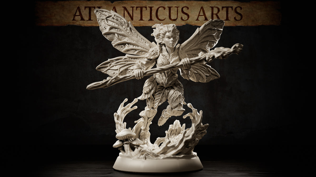 Full-body Pixie miniature with ornate insect-like wings, wooden staff, botanical clothing, and detailed mushroom-covered forest base.