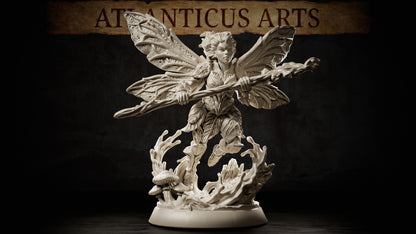 Full-body Pixie miniature with ornate insect-like wings, wooden staff, botanical clothing, and detailed mushroom-covered forest base.