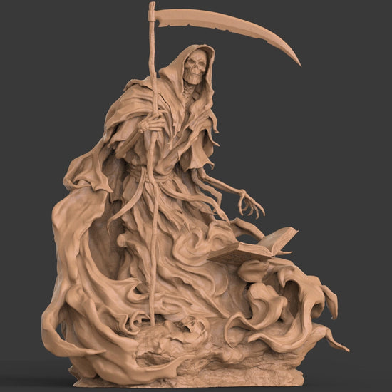 Grim Reaper 1:12 scale statue with hooded skeleton holding scythe over an open book, detailed dark fantasy collectible.