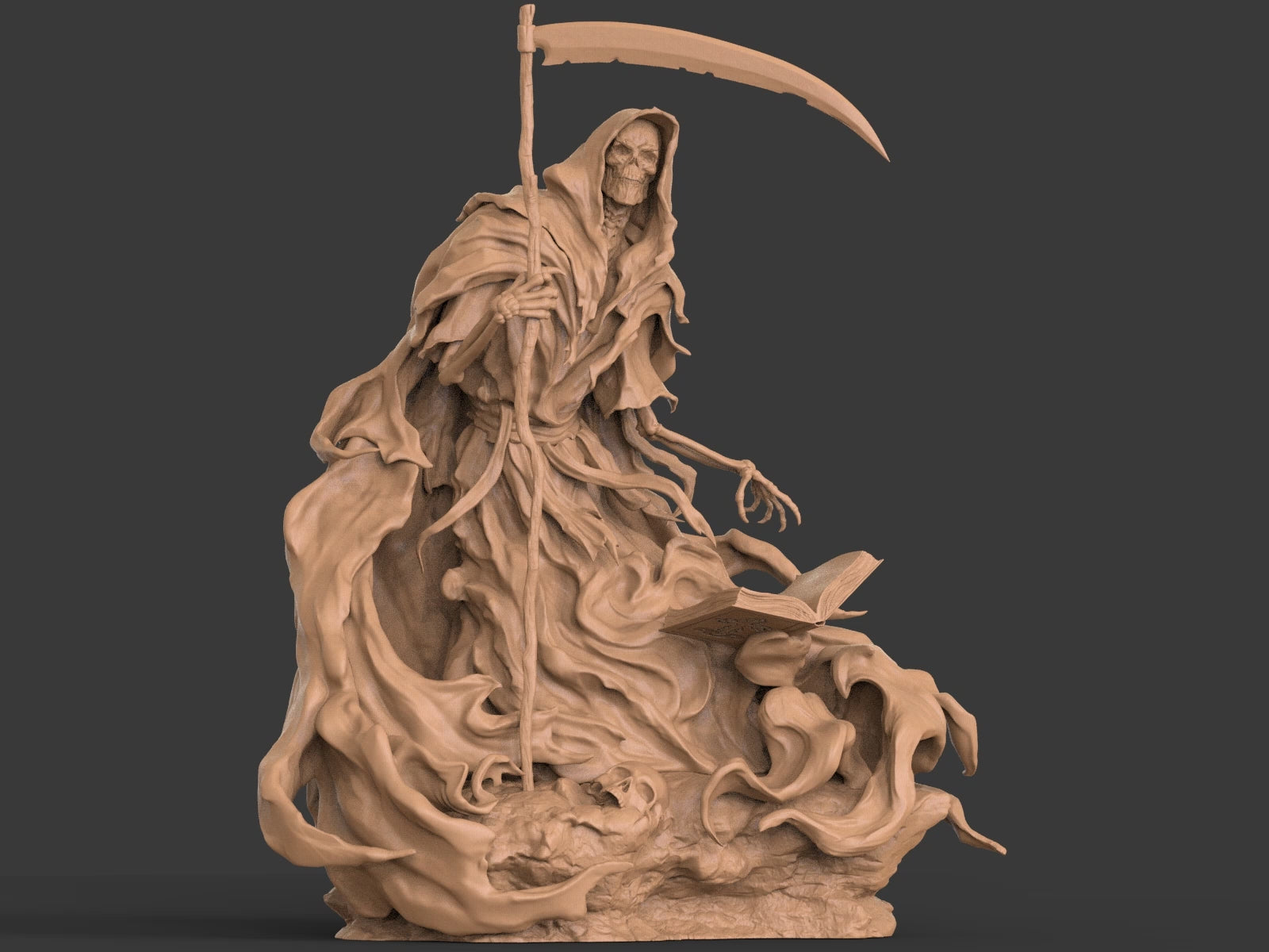 Grim Reaper 1:12 scale statue with hooded skeleton holding scythe over an open book, detailed dark fantasy collectible.