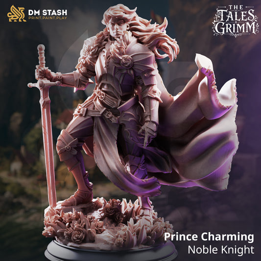Prince Charming Human Knight resin miniature by DM Stash holding a broadsword on a rose base.