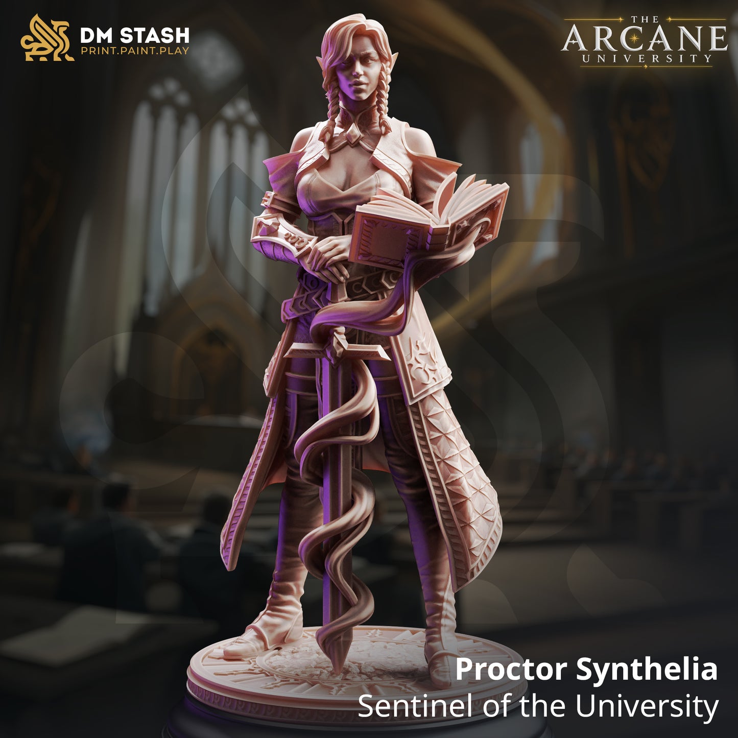 A 3D-rendered fantasy female elf eldritch knight resin miniature named Proctor Synthelia by DM Stash. The armored elf stands with a greatsword and a floating spellbook.