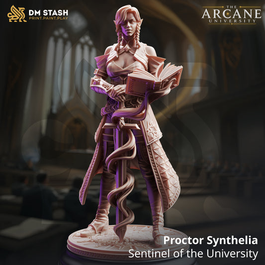 A 3D-rendered fantasy female elf eldritch knight resin miniature named Proctor Synthelia by DM Stash. The armored elf stands with a greatsword and a floating spellbook.