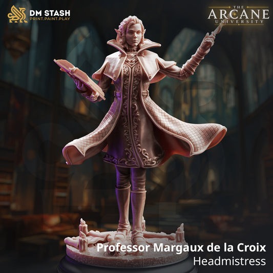 A 3D-rendered fantasy female elf wizard resin miniature named Professor Margaux de la Croix by DM Stash. The living elven archmage holds a wand and an open spellbook.