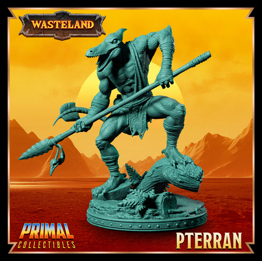 Pterran reptilian humanoid miniature with spear on scenic wasteland base