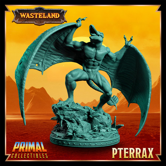 Pterrax Medium Monstrosity miniature with broad leathery wings, reptilian body, hooked claws, and rocky scenic base.