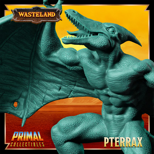 Close view of Pterrax showing its reptilian head, tooth-filled beak, muscular torso, and textured wings.