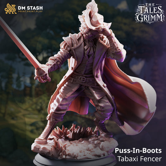 Puss In Boots Tabaxi Rogue resin miniature by DM Stash holding a rapier and tipping his hat.