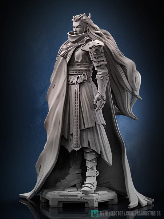 Front three-quarter view of Queen St Olga with long flowing hair, layered clothing, armor, and a sweeping cloak.