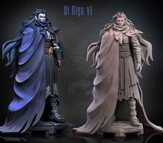 Queen St Olga shown in colored and unpainted views wearing a sweeping cloak and asymmetrical armor.