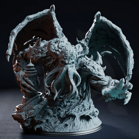 Angled view of Quorenderi resin miniature showing tentacled face, clawed arm, wings, and ocean-themed scenic base.